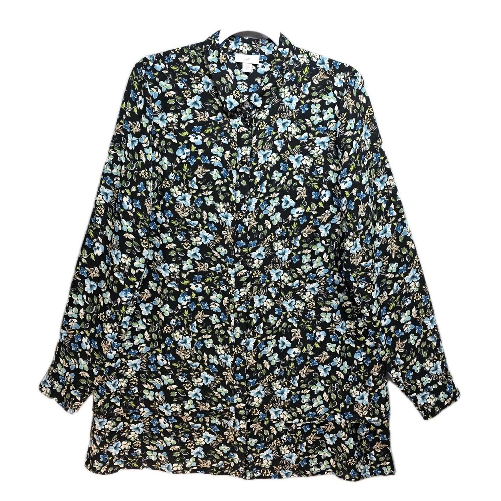 J Jill Dark Floral Layered Blouse Womens M Tall Loose Hidden Button Long Sleeve